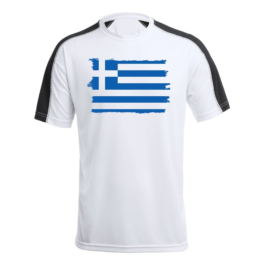 CAMISETA TÉCNICA FRANJA MANGAS NEGRA bandera grecia pais gobierno griego personalizada