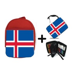 PACK MOCHILA ROJA Y ESTUCHE bandera islandia pais gobierno islandés material escolar