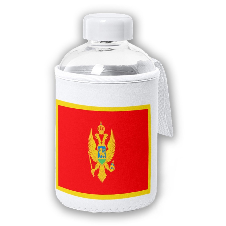 BIDON CRISTAL CON FUNDA SOFT SHELL bandera montenegro pais gobierno montenegrino tapon seguridad botella