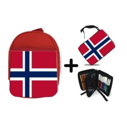 PACK MOCHILA ROJA Y ESTUCHE bandera noruega pais gobierno noruego material escolar