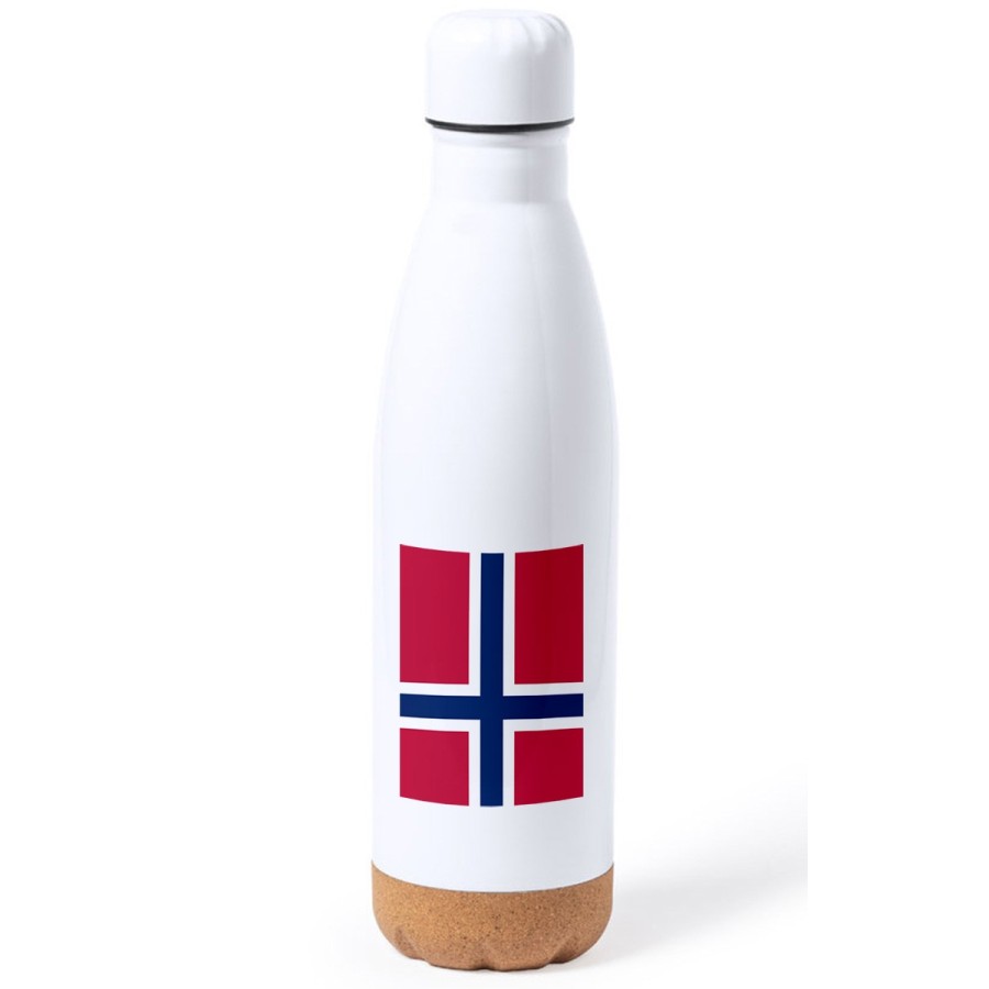 BIDON 750 ML ACERO INOXIDABLE ADORNO DE CORCHO bandera noruega pais gobierno noruego tapon botella