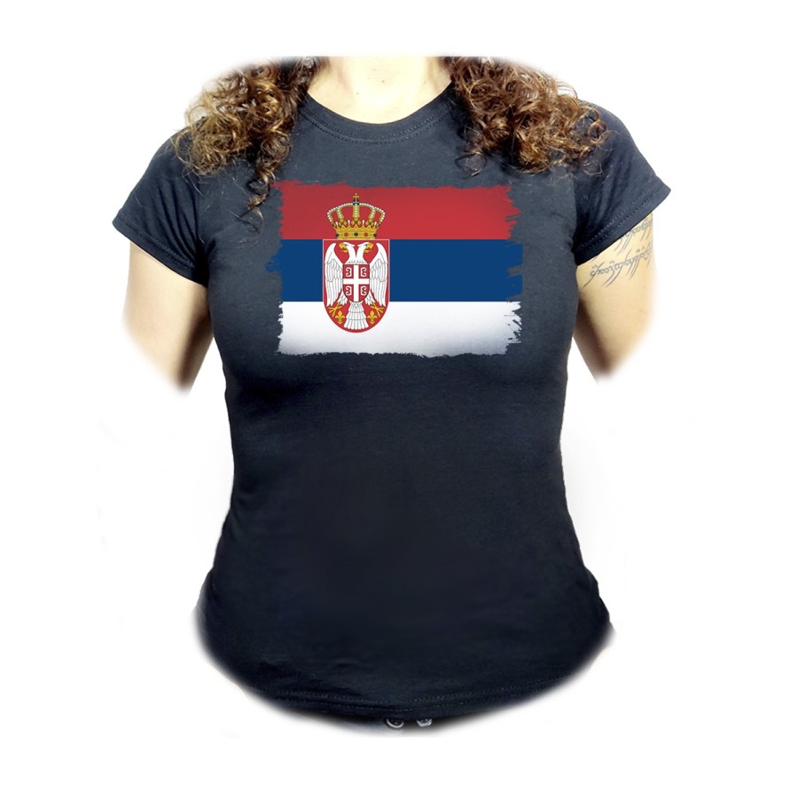 CAMISETA NEGRA MUJER bandera serbia pais gobierno serbio oferta personalizada