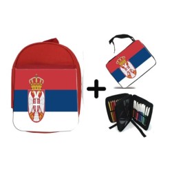 PACK MOCHILA ROJA Y ESTUCHE bandera serbia pais gobierno serbio material escolar