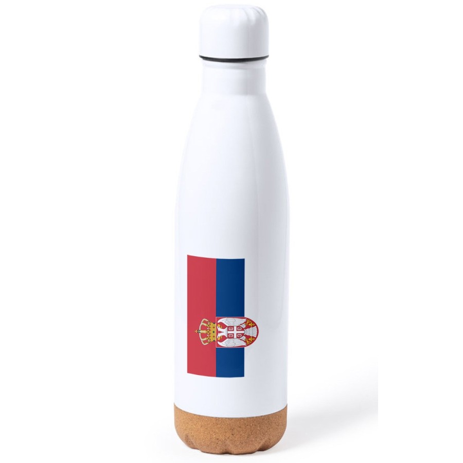 BIDON 750 ML ACERO INOXIDABLE ADORNO DE CORCHO bandera serbia pais gobierno serbio tapon botella