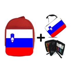 PACK MOCHILA ROJA Y ESTUCHE bandera eslovenia pais gobierno esloveno material escolar