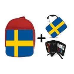 PACK MOCHILA ROJA Y ESTUCHE bandera suecia pais gobierno sueco material escolar