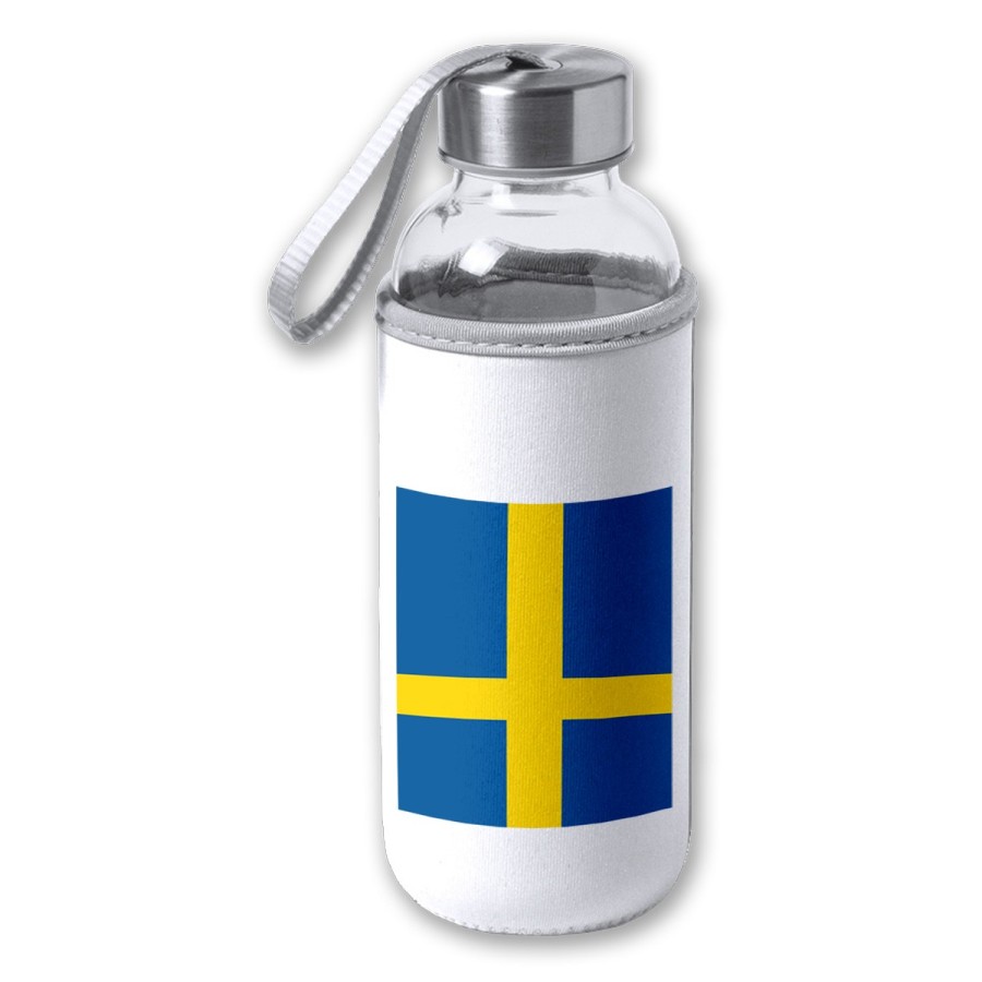 BIDON DE 420 ML CON FUNDA DE NEOPRENO bandera suecia pais gobierno sueco tapon seguridad