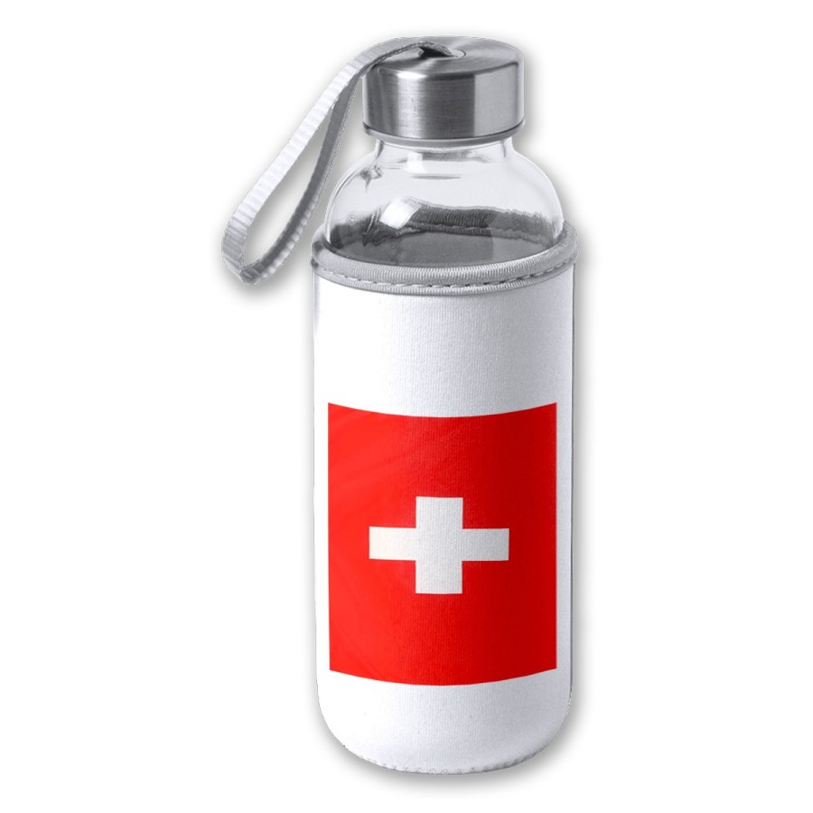 BIDON DE 420 ML CON FUNDA DE NEOPRENO bandera suiza pais gobierno suizo suizos tapon seguridad