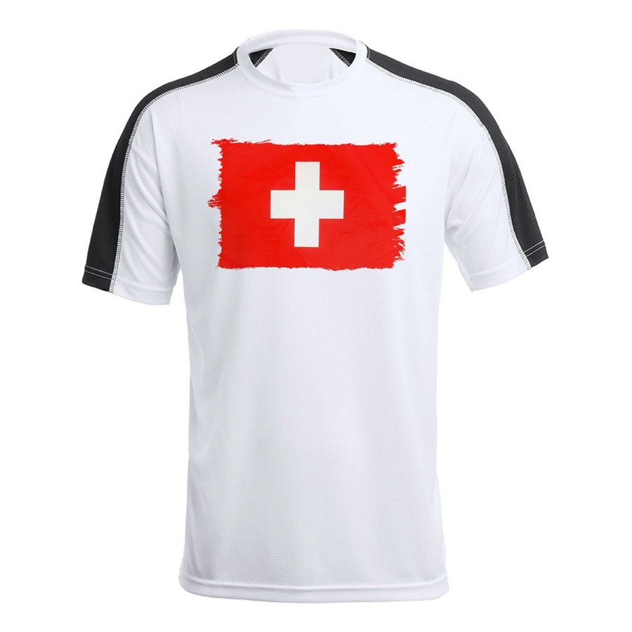 CAMISETA TÉCNICA FRANJA MANGAS NEGRA bandera suiza pais gobierno suizo suizos personalizada