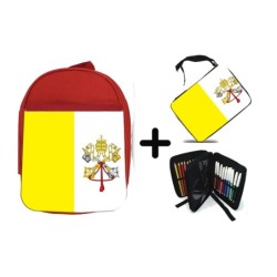 PACK MOCHILA ROJA Y ESTUCHE bandera vaticano pais gobierno cristiano papa material escolar