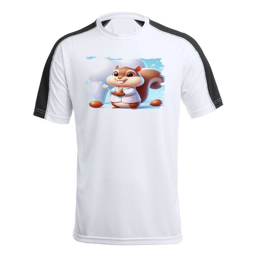 CAMISETA TÉCNICA FRANJA MANGAS NEGRA ardilla dentista animal profesion dientes personalizada