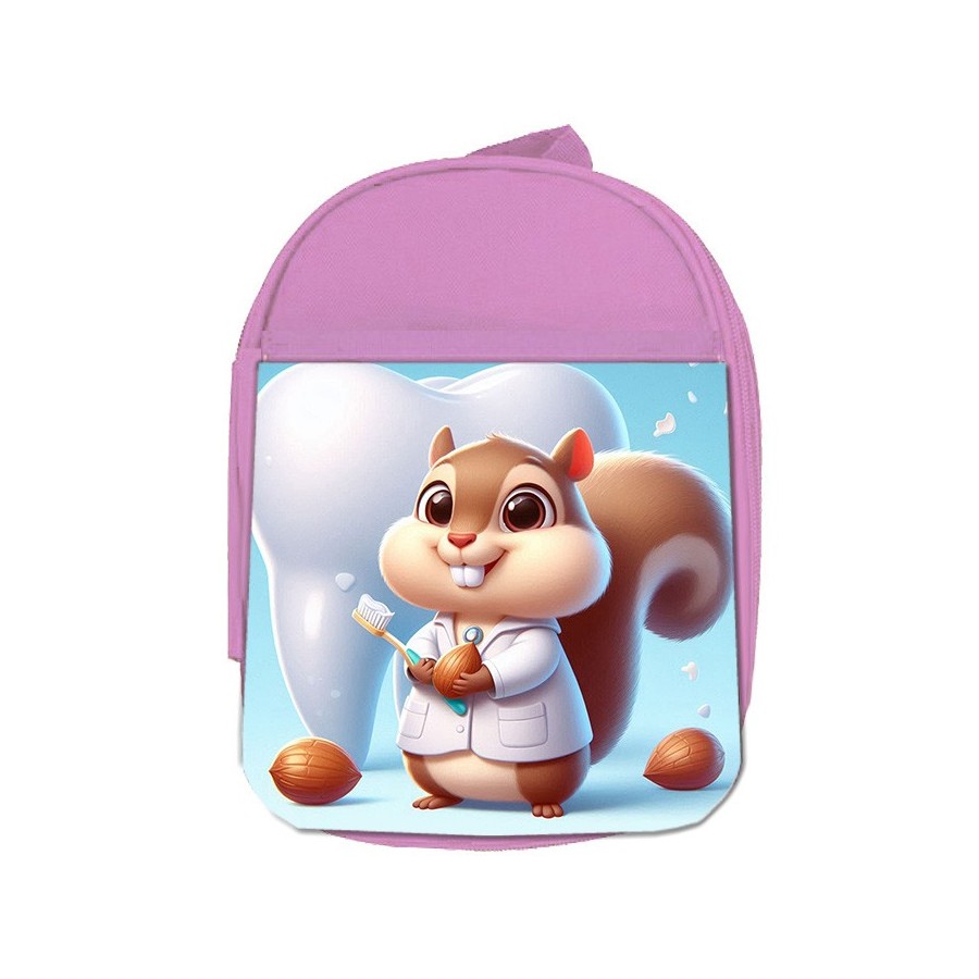 MOCHILA ROSA ardilla dentista animal profesion dientes escolar personalizado picnic excursión deporte