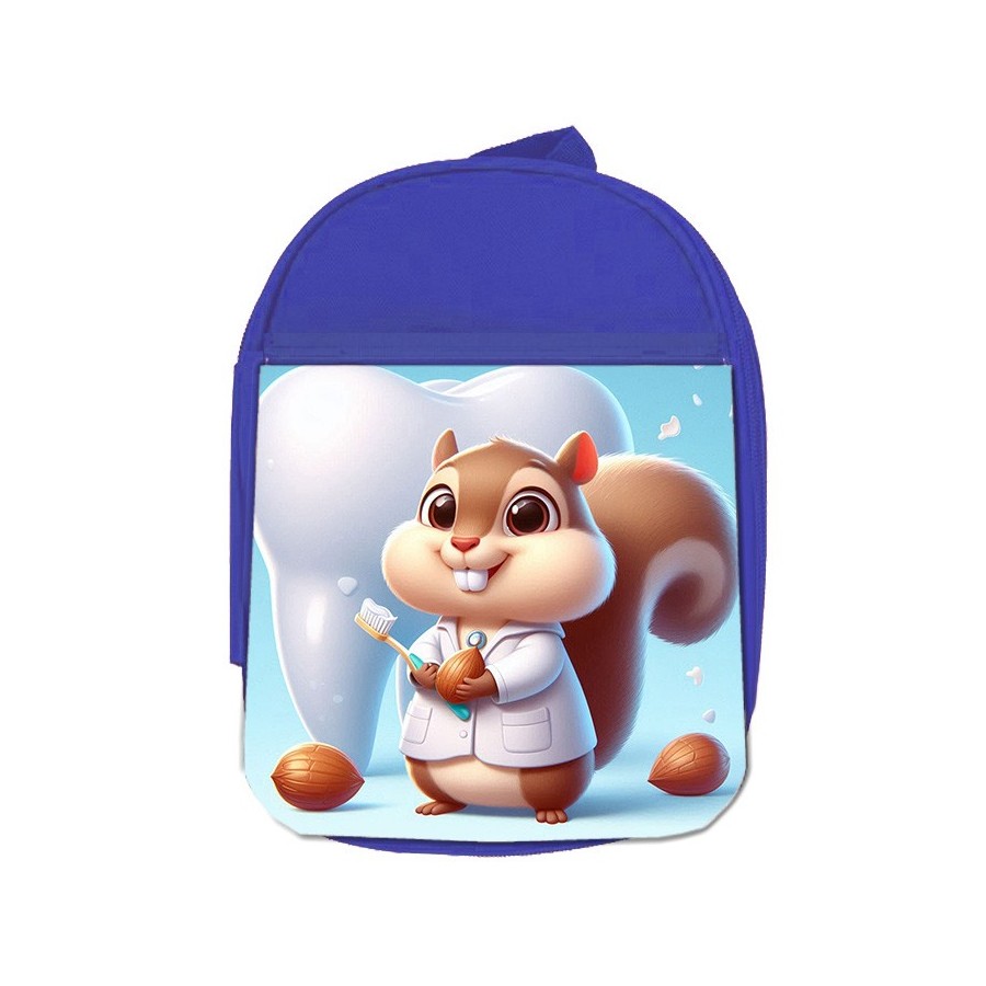 MOCHILA AZUL ardilla dentista animal profesion dientes escolar personalizado picnic excursión deporte