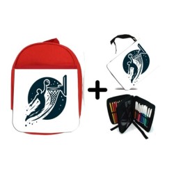 PACK MOCHILA ROJA Y ESTUCHE logo baloncesto deporte balon jugadores material escolar