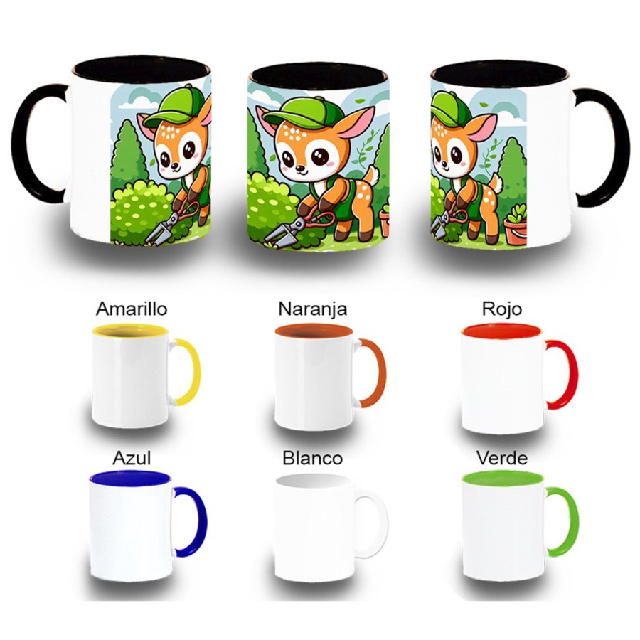 TAZA COLORES ciervo jardinero animal profesion plantas color personalizada