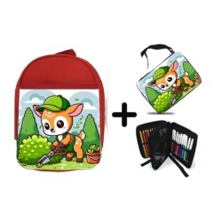 PACK MOCHILA ROJA Y ESTUCHE ciervo jardinero animal profesion plantas material escolar