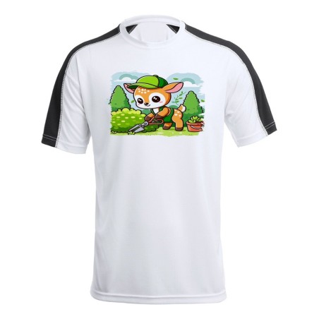 CAMISETA TÉCNICA FRANJA MANGAS NEGRA ciervo jardinero animal profesion plantas personalizada