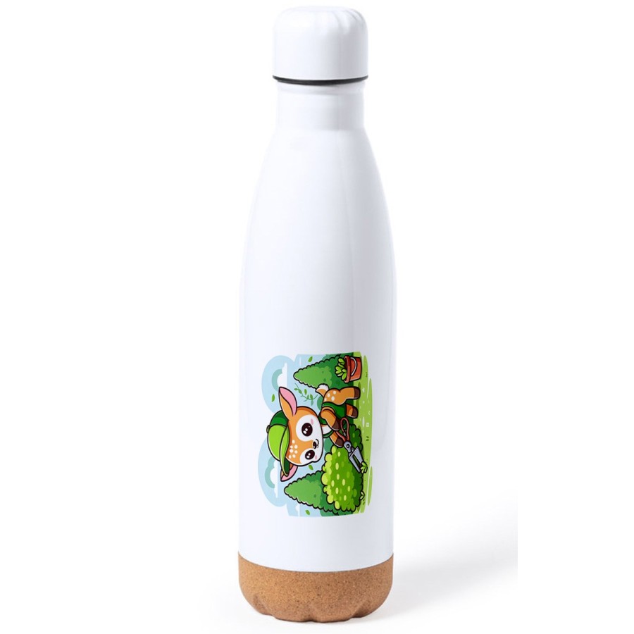 BIDON 750 ML ACERO INOXIDABLE ADORNO DE CORCHO ciervo jardinero animal profesion plantas tapon botella