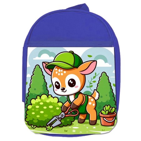 MOCHILA AZUL ciervo jardinero animal profesion plantas escolar personalizado picnic excursión deporte