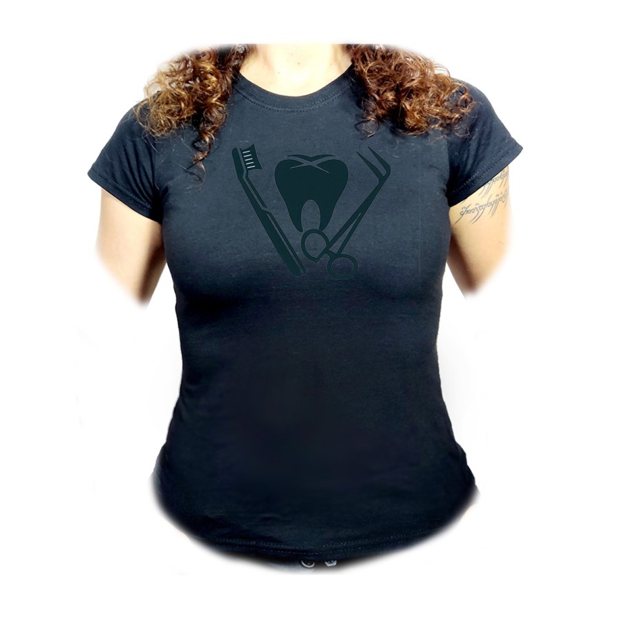 CAMISETA NEGRA MUJER logo dentista profesion dientes medico oferta personalizada