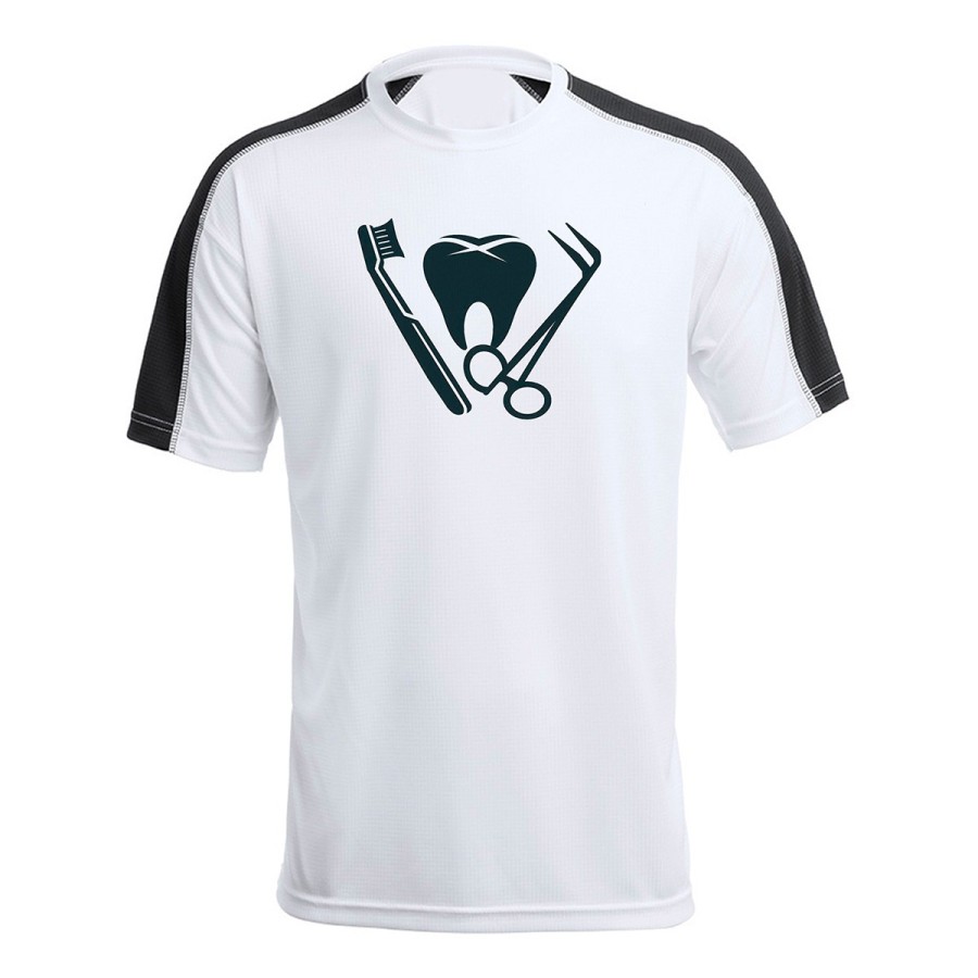 CAMISETA TÉCNICA FRANJA MANGAS NEGRA logo dentista profesion dientes medico personalizada