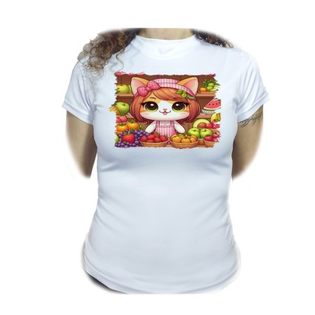 CAMISETA MUJER gato frutero animal profesion fruteria moda personalizada