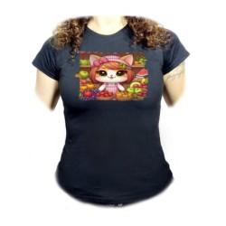 CAMISETA NEGRA MUJER gato...