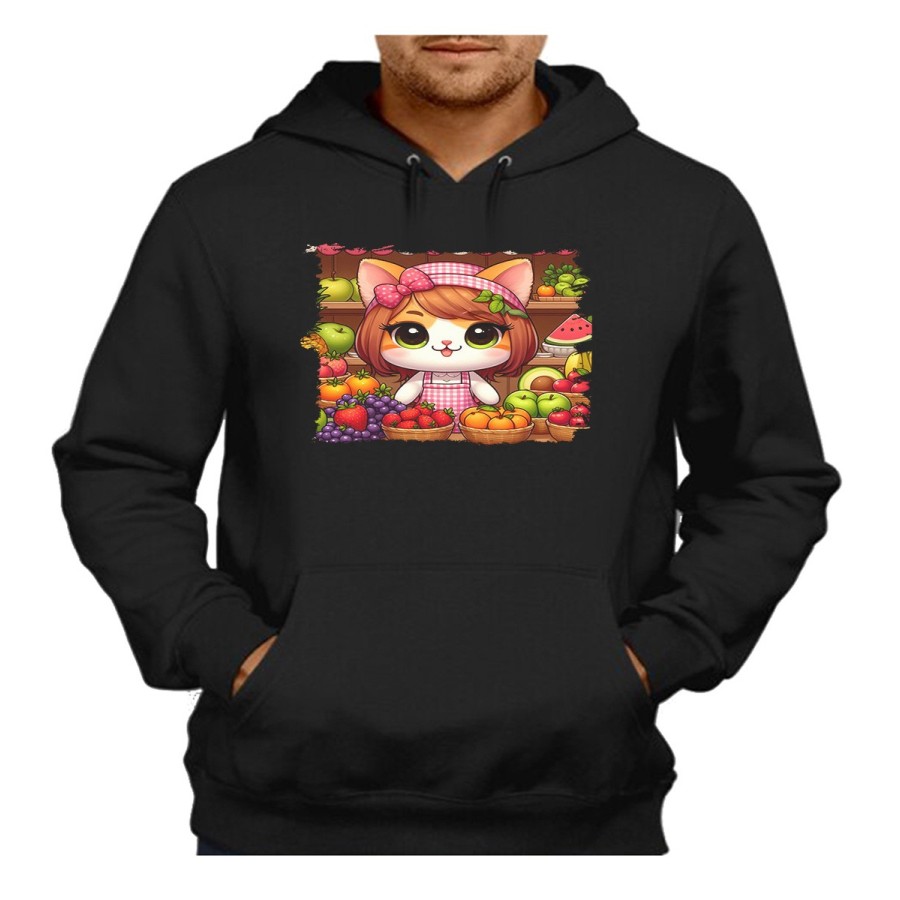 SUDADERA NEGRA CON CAPUCHA gato frutero animal profesion fruteria adulto poliester algodón personalizada