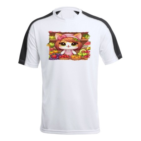 CAMISETA TÉCNICA FRANJA MANGAS NEGRA gato frutero animal profesion fruteria personalizada