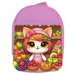 MOCHILA ROSA gato frutero animal profesion fruteria escolar personalizado picnic excursión deporte