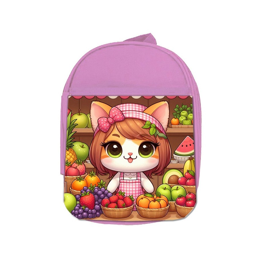 MOCHILA ROSA gato frutero animal profesion fruteria escolar personalizado picnic excursión deporte