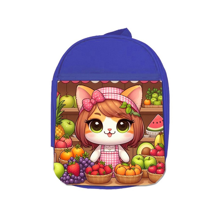 MOCHILA AZUL gato frutero animal profesion fruteria escolar personalizado picnic excursión deporte