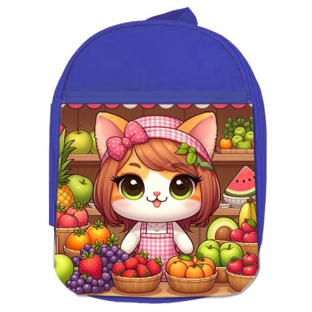 MOCHILA AZUL gato frutero animal profesion fruteria escolar personalizado picnic excursión deporte