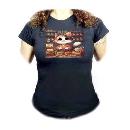 CAMISETA NEGRA MUJER gato herbolista animal profesion herbolisteria oferta personalizada
