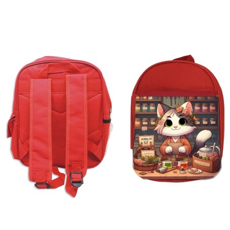 PACK MOCHILA ROJA Y ESTUCHE gato herbolista animal profesion herbolisteria material escolar