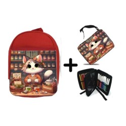 PACK MOCHILA ROJA Y ESTUCHE gato herbolista animal profesion herbolisteria material escolar