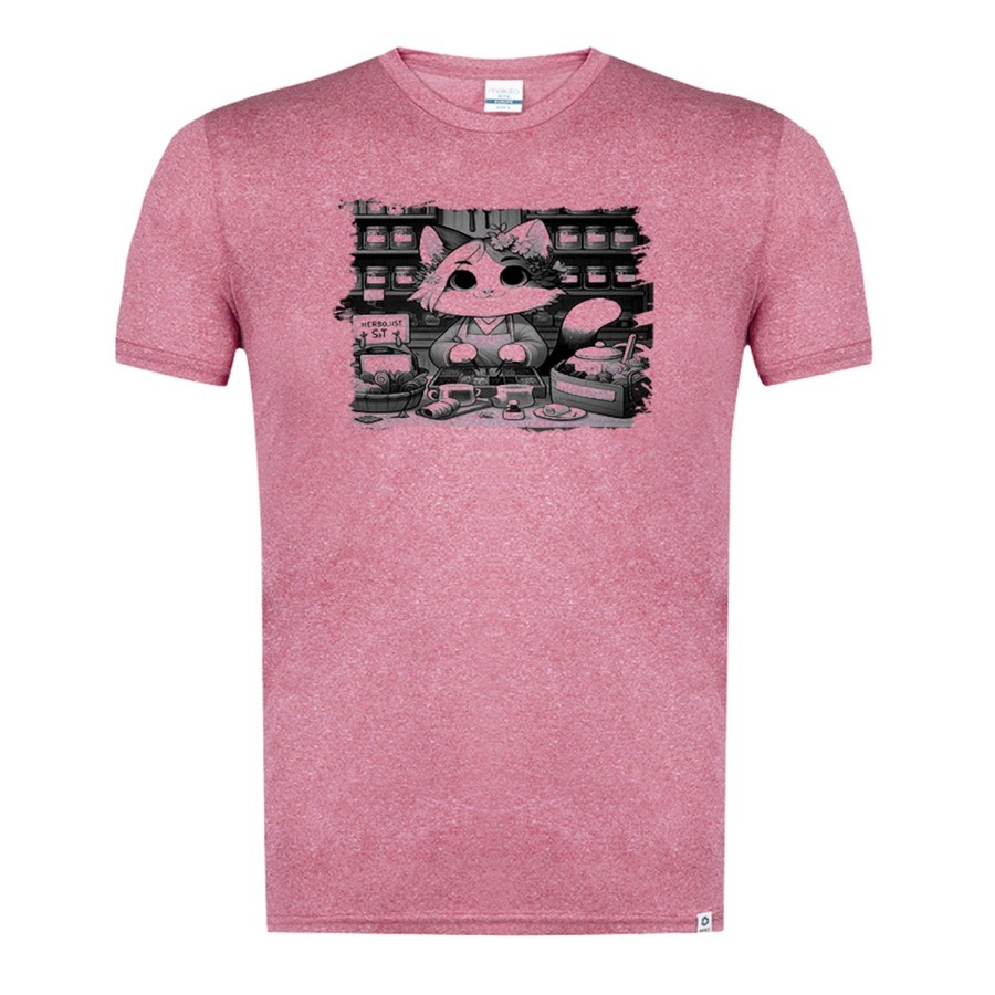 CAMISETA ROJA MEZCLA CON IMAGEN EN TONALIDADES NEGRAS gato herbolista animal profesion herbolisteria tshirt