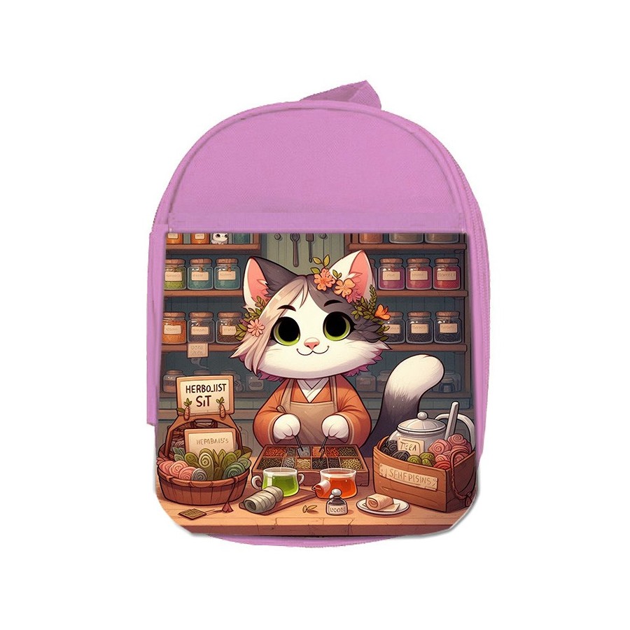 MOCHILA ROSA gato herbolista animal profesion herbolisteria escolar personalizado picnic excursión deporte