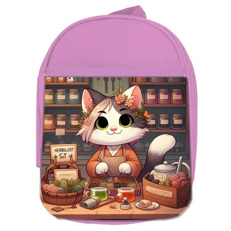 MOCHILA ROSA gato herbolista animal profesion herbolisteria escolar personalizado picnic excursión deporte