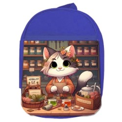 MOCHILA AZUL gato herbolista animal profesion herbolisteria escolar personalizado picnic excursión deporte