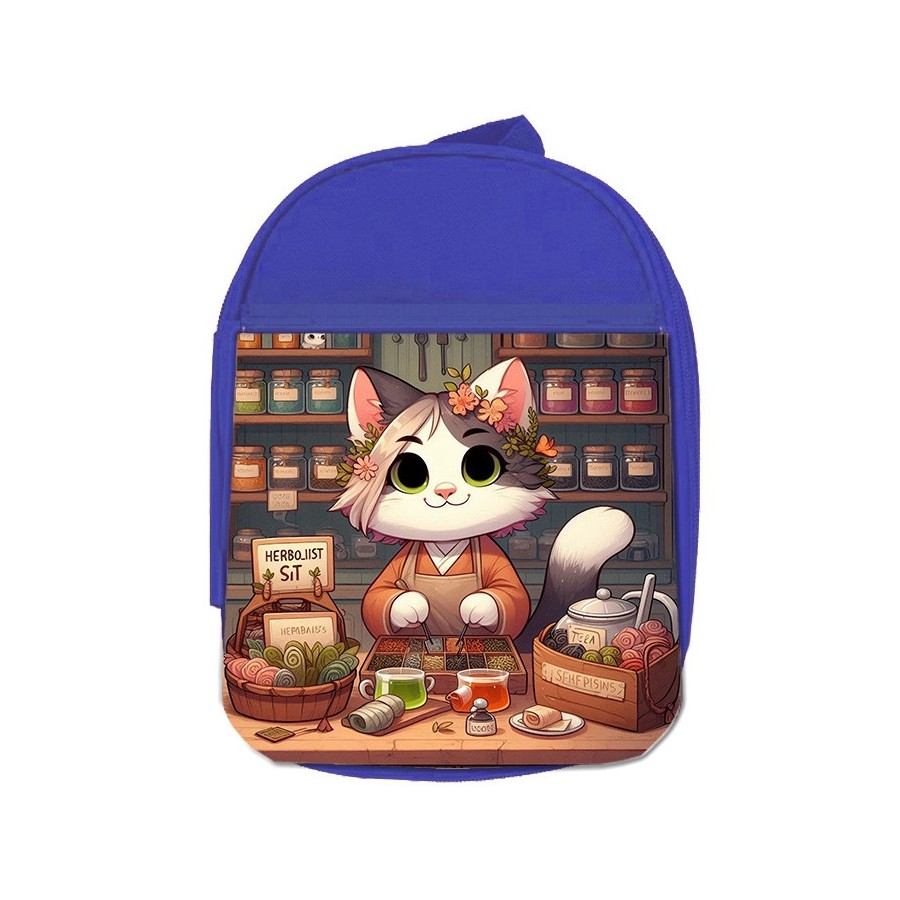 MOCHILA AZUL gato herbolista animal profesion herbolisteria escolar personalizado picnic excursión deporte