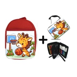 PACK MOCHILA ROJA Y ESTUCHE girafa jugador animal deporte baloncesto material escolar