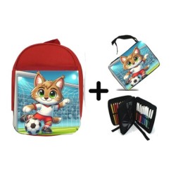 PACK MOCHILA ROJA Y ESTUCHE lince jugador futbol deporte futbolista material escolar