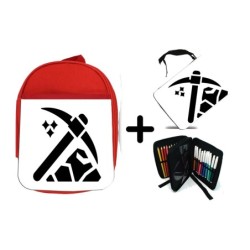 PACK MOCHILA ROJA Y ESTUCHE logo minero profesion mineria minerales material escolar