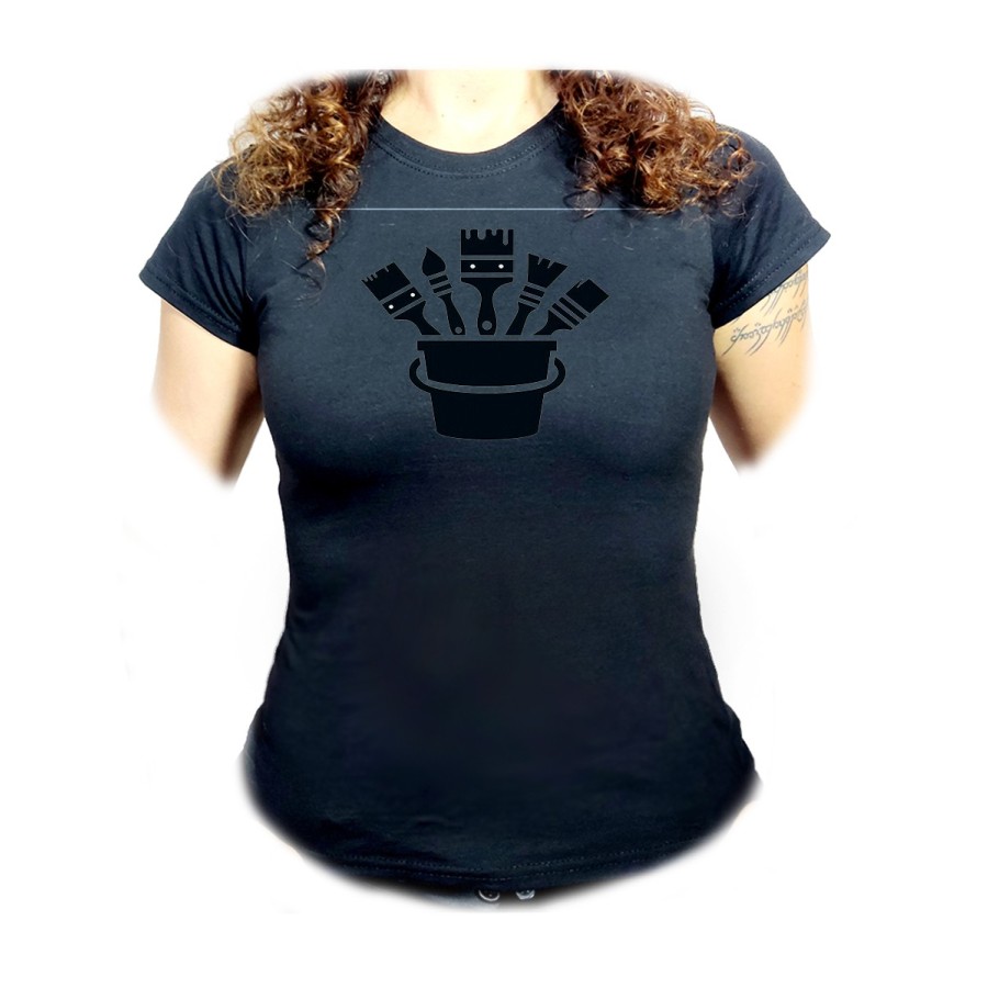 CAMISETA NEGRA MUJER logo pintor profesion pintura brochas oferta personalizada