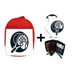 PACK MOCHILA ROJA Y ESTUCHE logo tenis deporte pelota raqueta material escolar